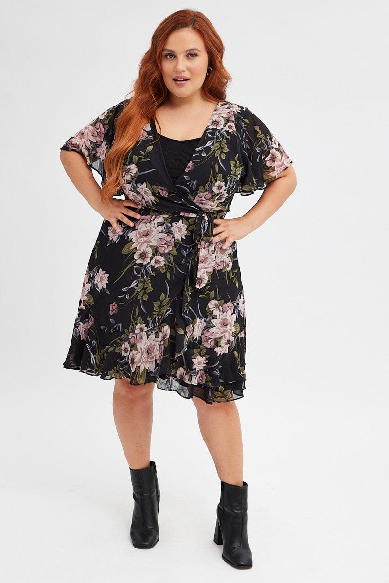 Black Floral Fit and Flare Dress Short Sleeve Wrap for YouandAll Fashion