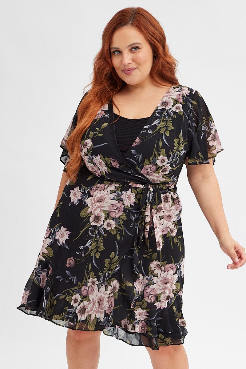 Black Floral Fit and Flare Dress Short Sleeve Wrap for YouandAll Fashion