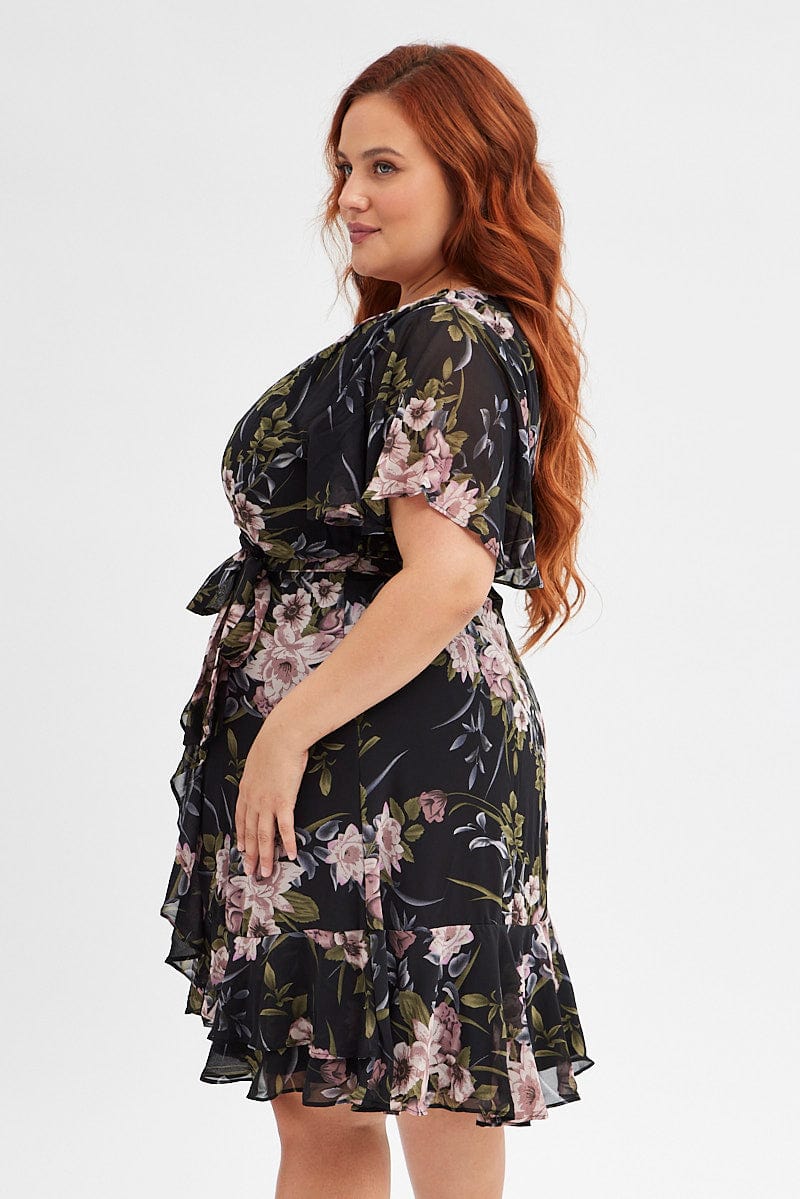 Black Floral Fit and Flare Dress Short Sleeve Wrap for YouandAll Fashion