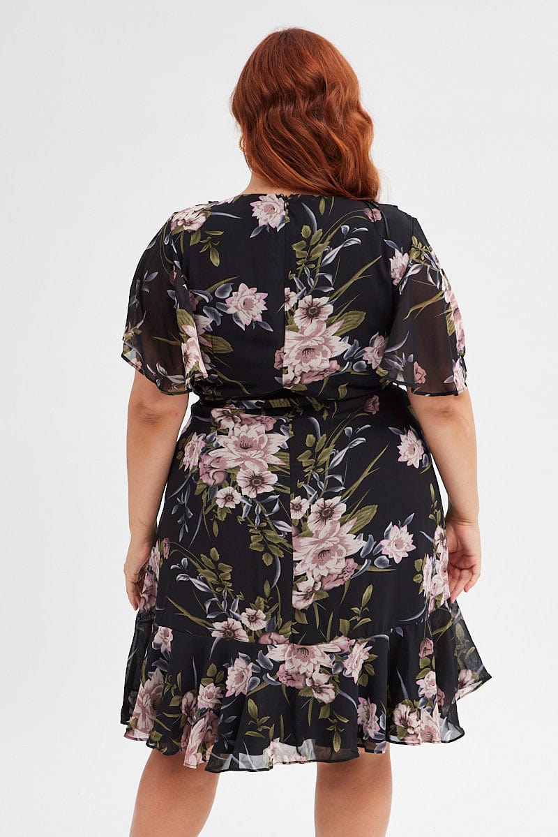 Black Floral Fit and Flare Dress Short Sleeve Wrap for YouandAll Fashion