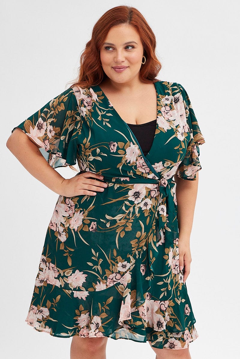 Green Floral Fit and Flare Dress Short Sleeve Wrap for YouandAll Fashion