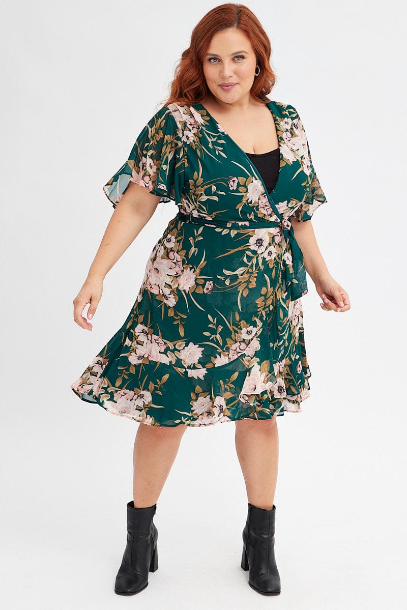 Green Floral Fit and Flare Dress Short Sleeve Wrap for YouandAll Fashion