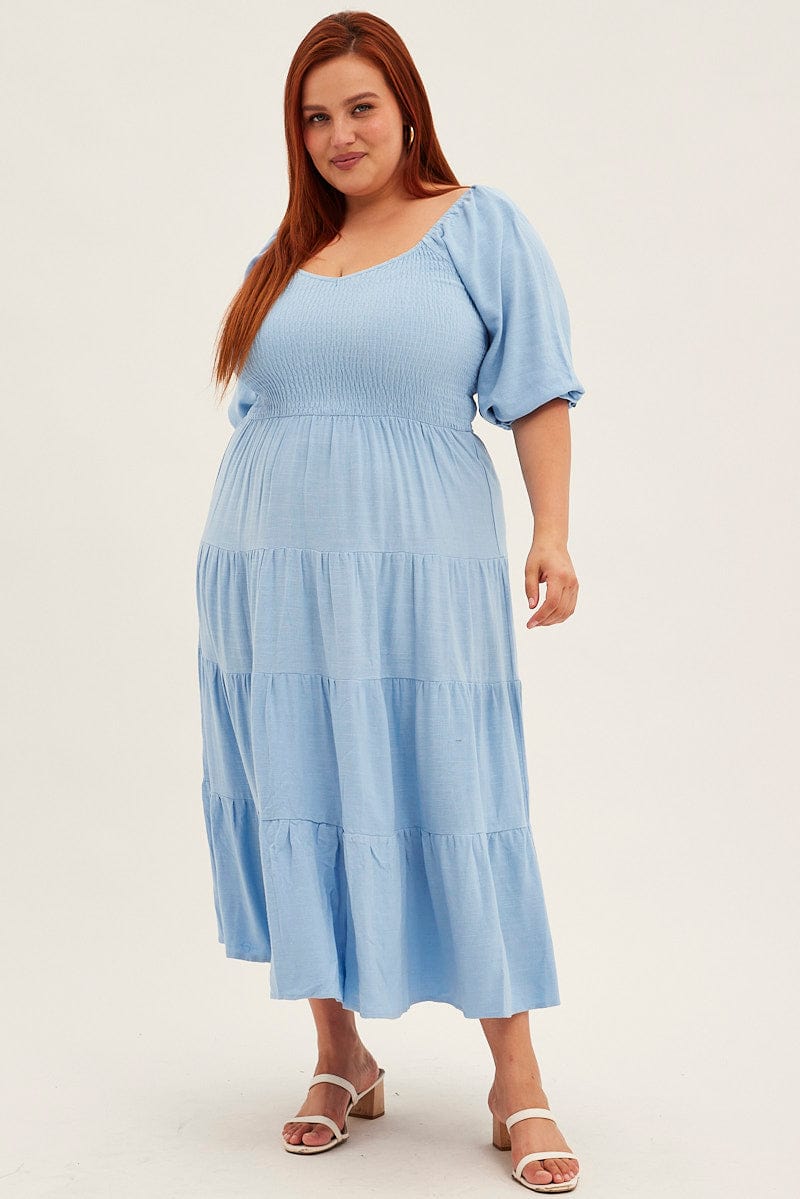 Blue Midi Dress Puff Sleeve V-neck Shirred Linen Blend | You & All