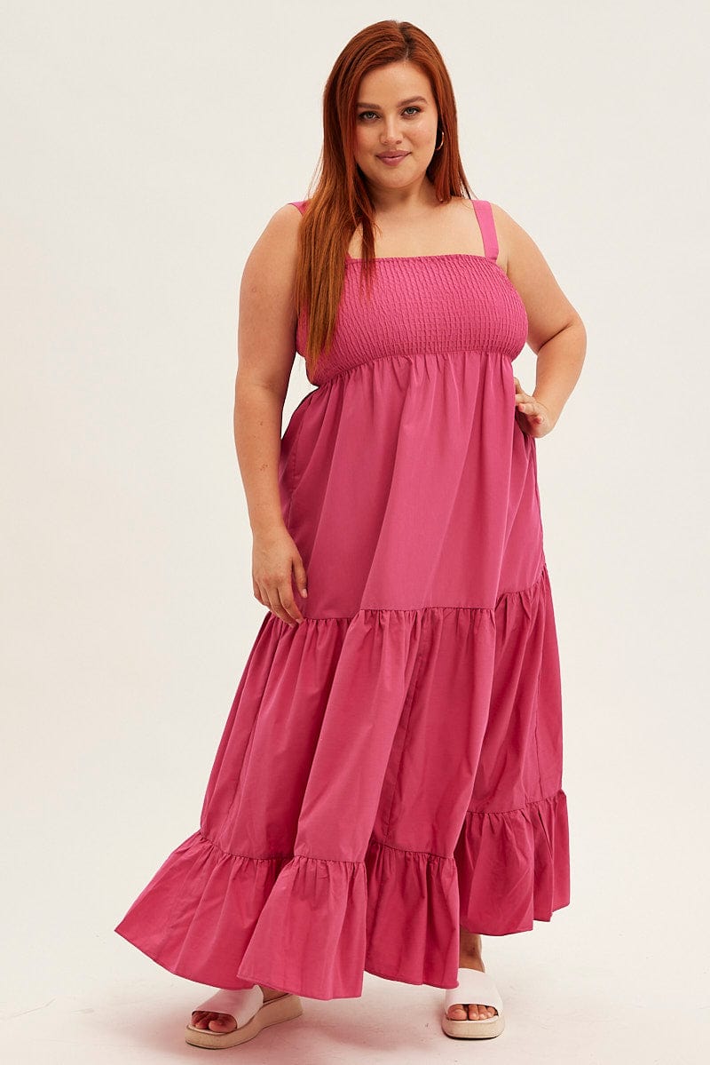 Pink Maxi Dress Sleeveless Shirred Tiered for YouandAll Fashion