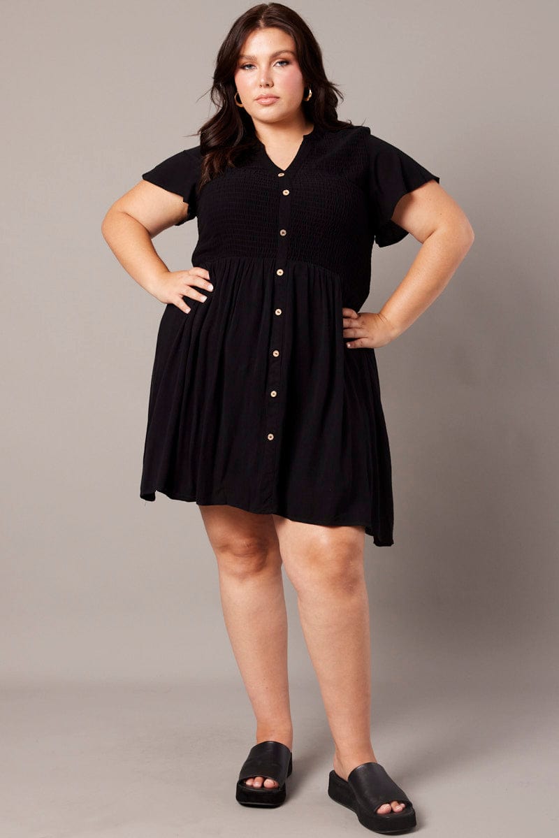Black Shirred Mini Shirtdress for YouandAll Fashion