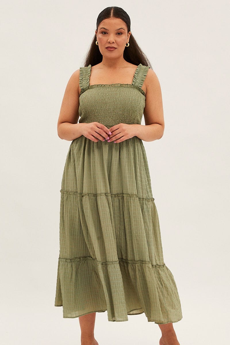 Green Maxi Dress Gather Shoulder Sleeveless Textured for YouandAll Fashion