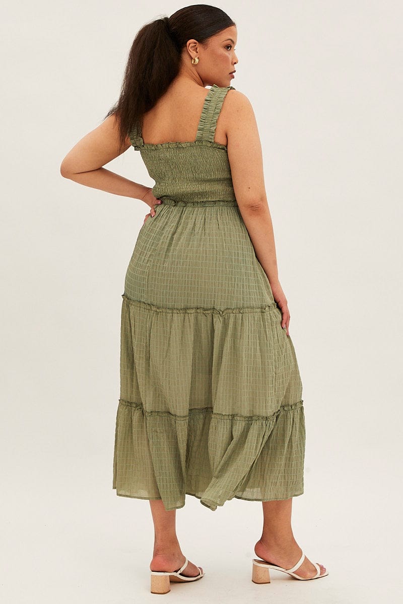 Green Maxi Dress Gather Shoulder Sleeveless Textured for YouandAll Fashion