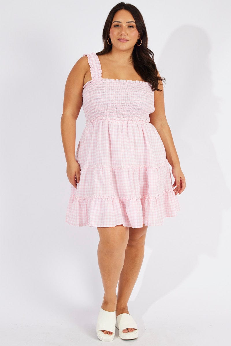Pink Check Shirred Minidress Gingham for YouandAll Fashion