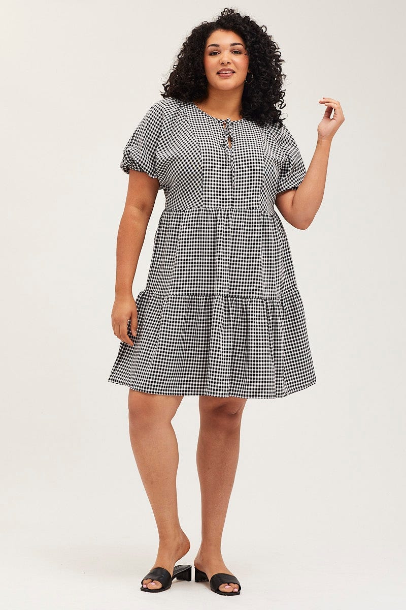 Check Skater Dress Round Neck Puff Sleeve For Women By You And All