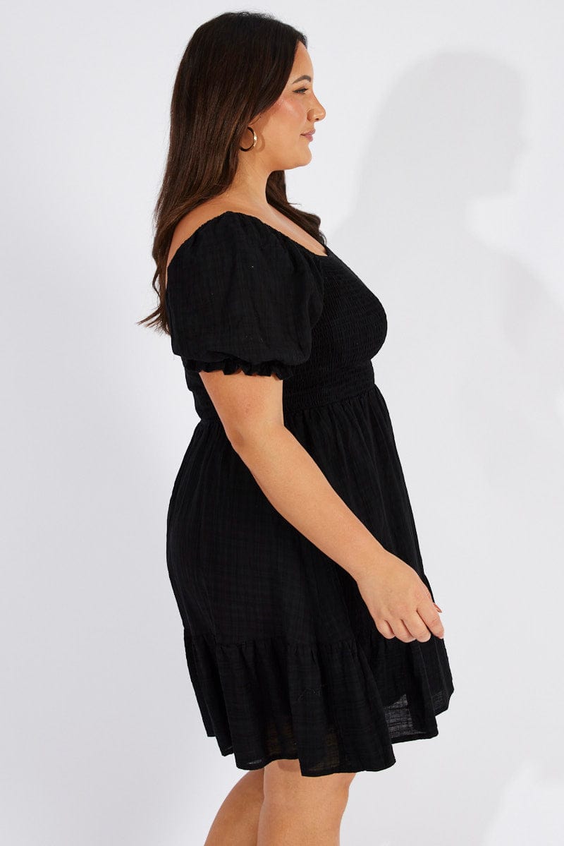 Black Minidress Textured Shirred Bodice Puff Sleeve for YouandAll Fashion