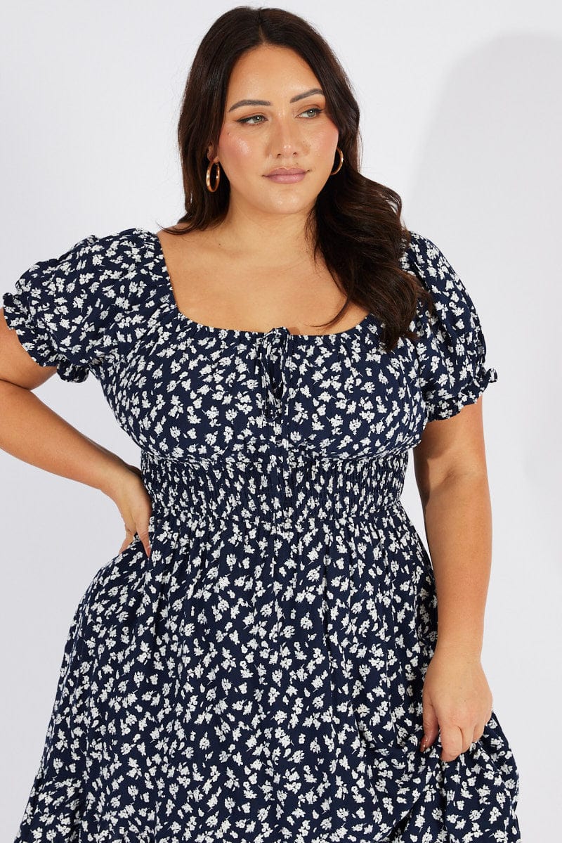 Blue Ditsy Fit And Flare Dress Short Sleeve | You & All Blue Ditsy Fit And Flare Dress Short Sleeve | You & All
