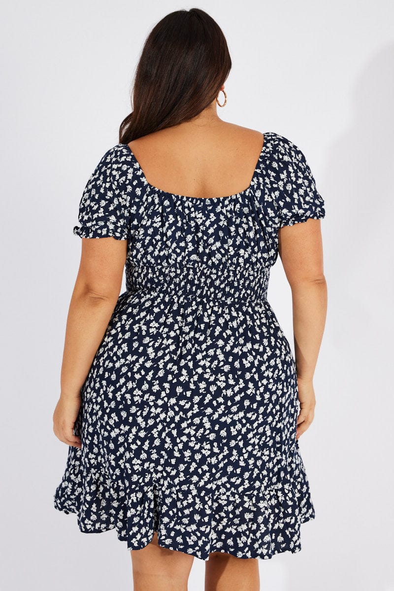 Blue Ditsy Fit And Flare Dress Short Sleeve | You & All Blue Ditsy Fit And Flare Dress Short Sleeve | You & All