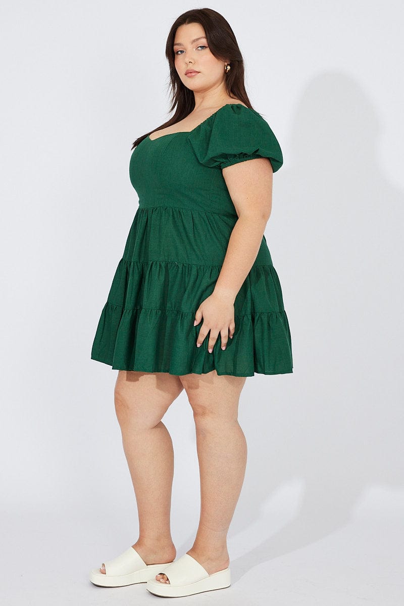 Green Puff Sleeve Skater Dress Sweetheart Neck for YouandAll Fashion
