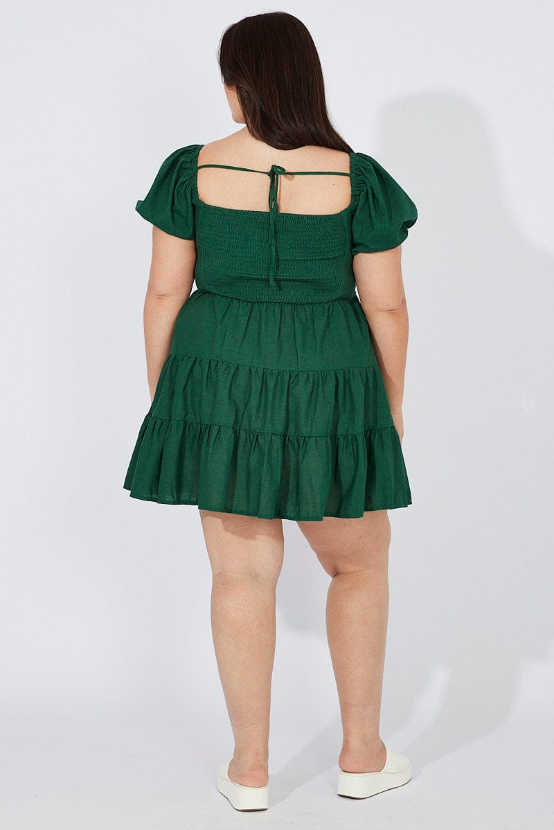 Green Puff Sleeve Skater Dress Sweetheart Neck for YouandAll Fashion