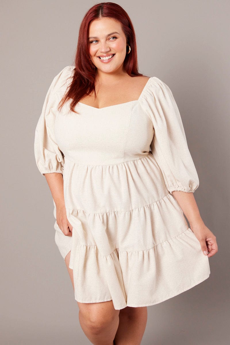 Beige Puff Three Quarter Sleeve Sweetheart Neck Dress for YouandAll Fashion