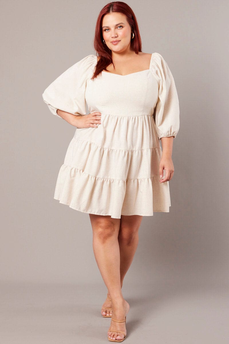 Beige Puff Three Quarter Sleeve Sweetheart Neck Dress | You & All Beige Puff Three Quarter Sleeve Sweetheart Neck Dress | You & All