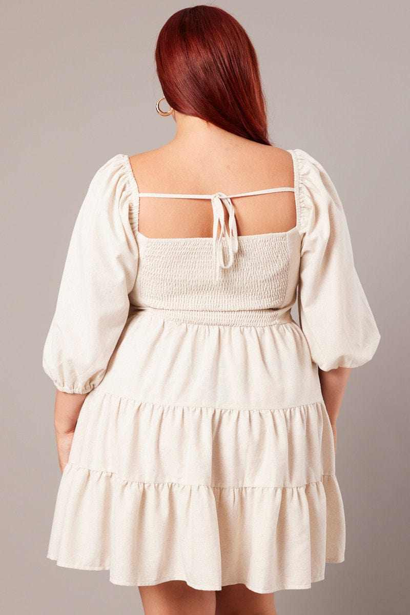 Beige Puff Three Quarter Sleeve Sweetheart Neck Dress | You & All Beige Puff Three Quarter Sleeve Sweetheart Neck Dress | You & All