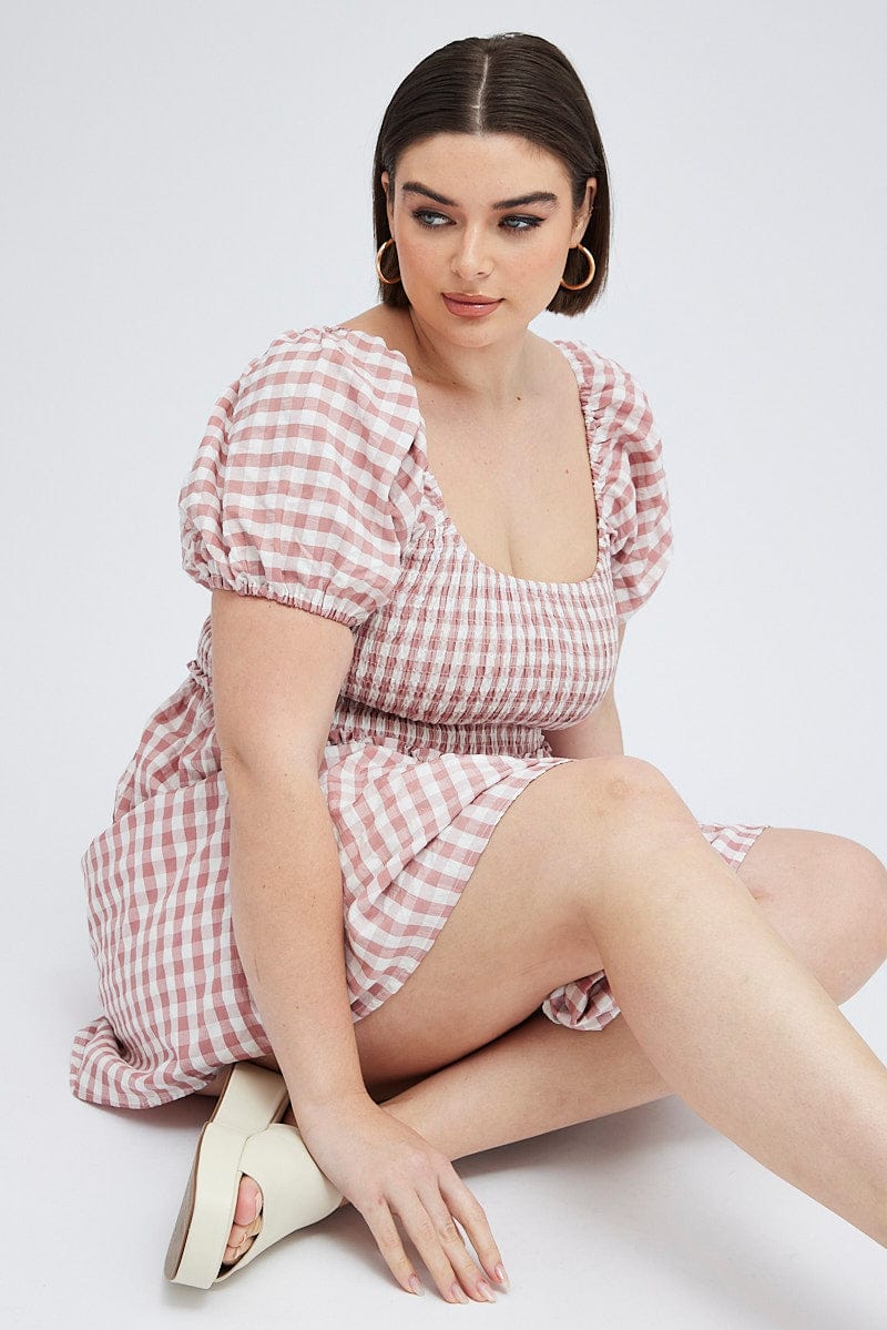 Pink Check Shirred Bodice Mini Dress Gingham for YouandAll Fashion