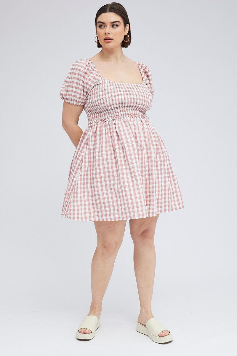 Pink Check Shirred Bodice Mini Dress Gingham for YouandAll Fashion