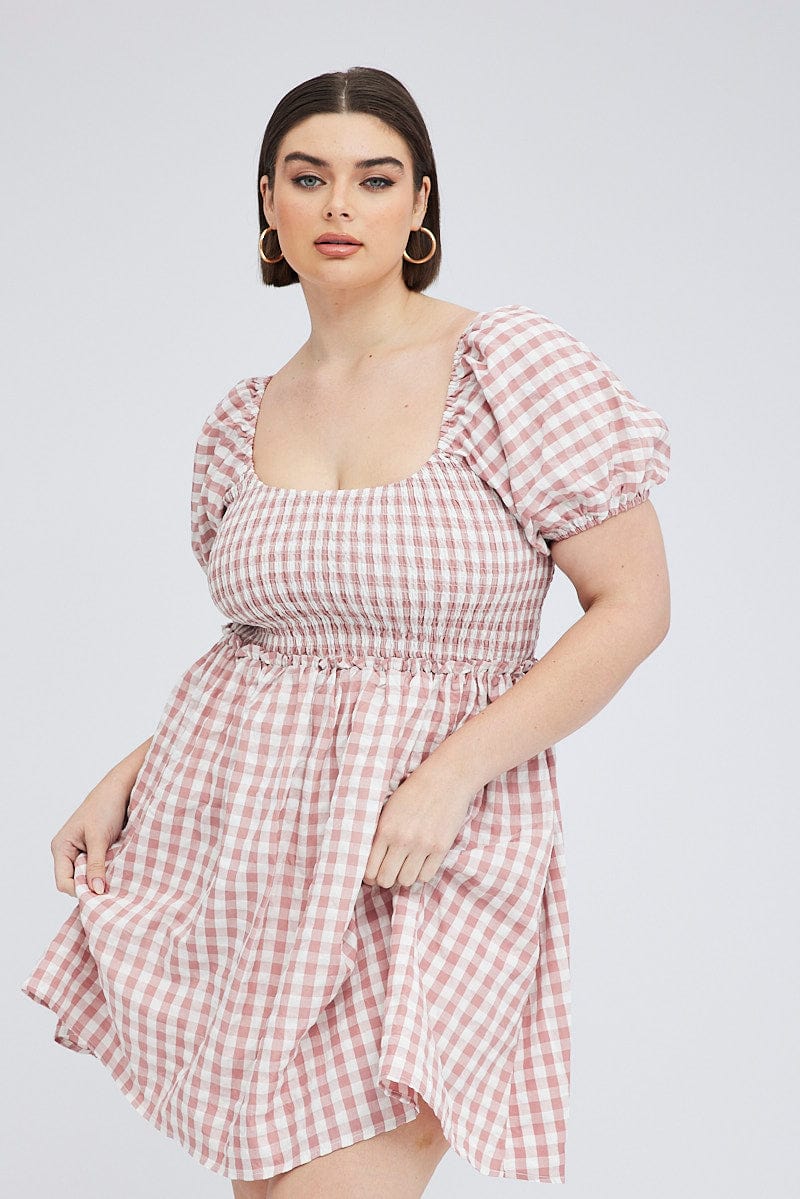 Pink Check Shirred Bodice Mini Dress Gingham for YouandAll Fashion