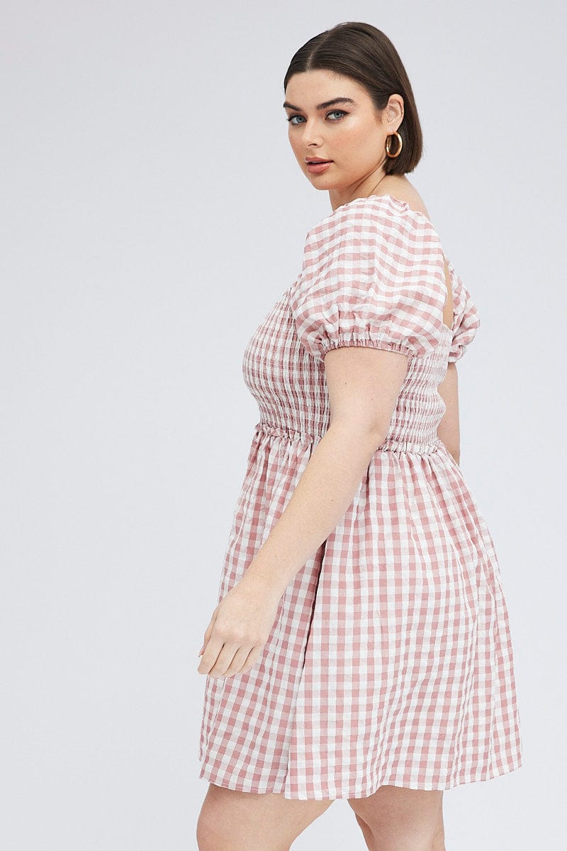 Pink Check Shirred Bodice Mini Dress Gingham for YouandAll Fashion