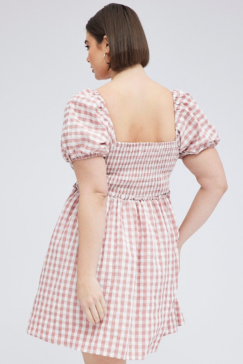 Pink Check Shirred Bodice Mini Dress Gingham for YouandAll Fashion