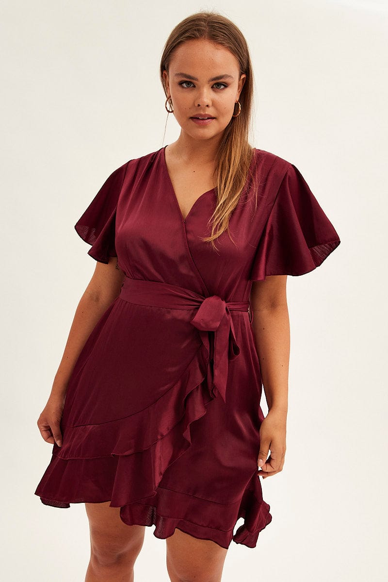 Red Wrap Dress Short Sleeve V-Neck Satin for YouandAll Fashion