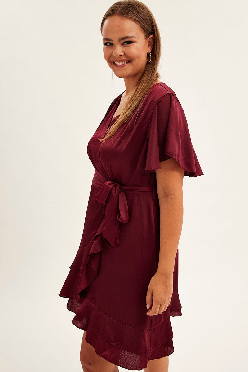 Red Wrap Dress Short Sleeve V-Neck Satin for YouandAll Fashion