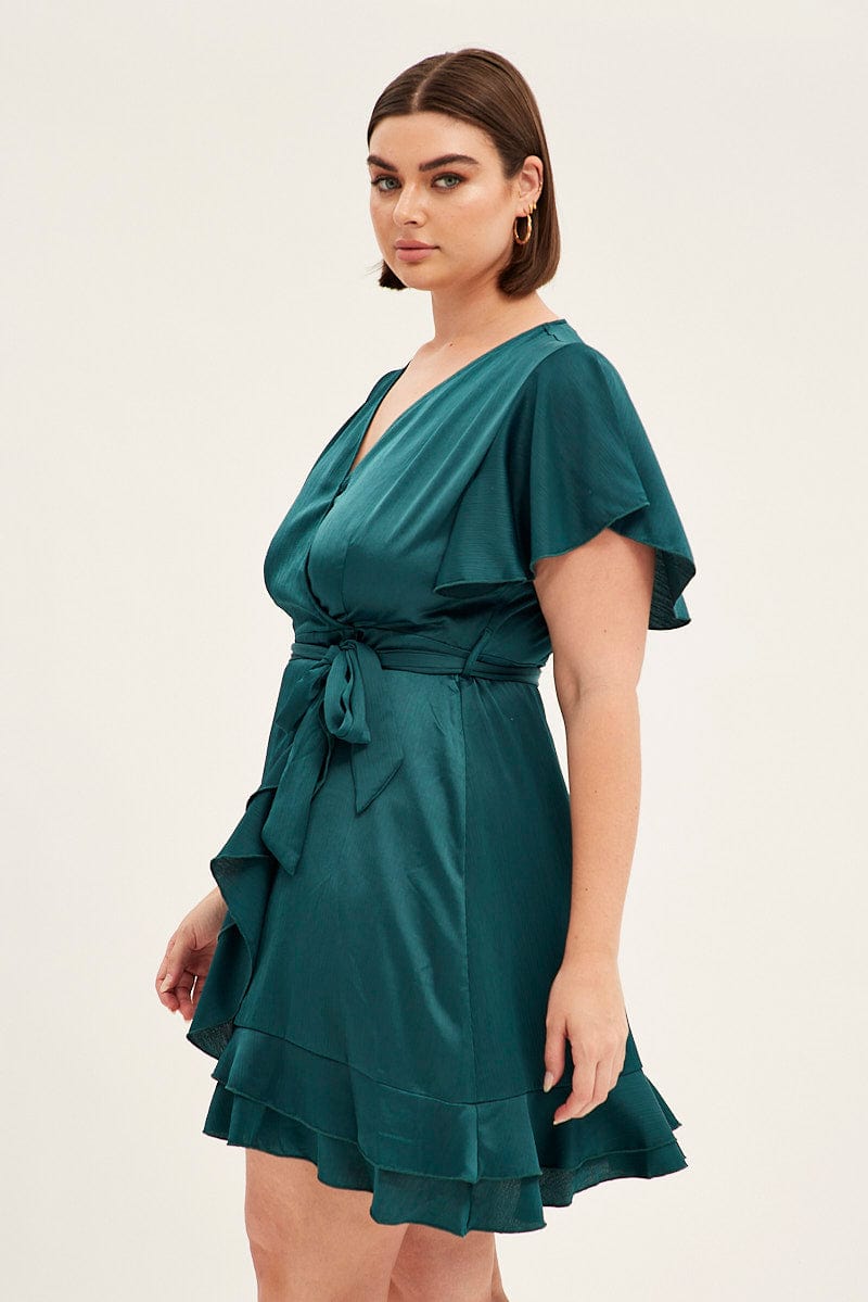 Green Wrap Dress Short Sleeve V-Neck Satin for YouandAll Fashion