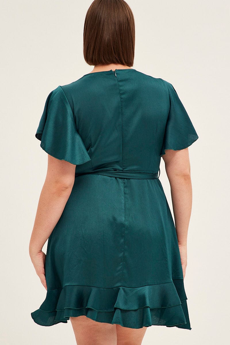 Green Wrap Dress Short Sleeve V-Neck Satin for YouandAll Fashion