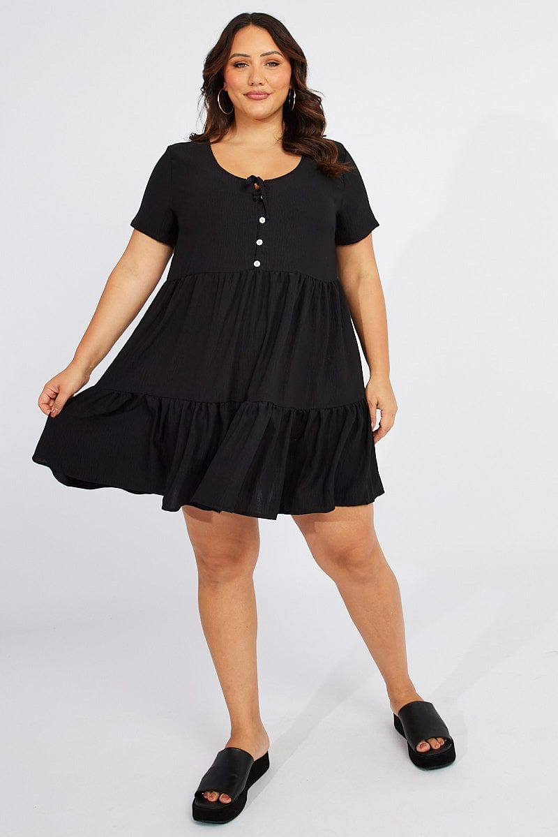 Black Button Front Crinkle Minidress for YouandAll Fashion