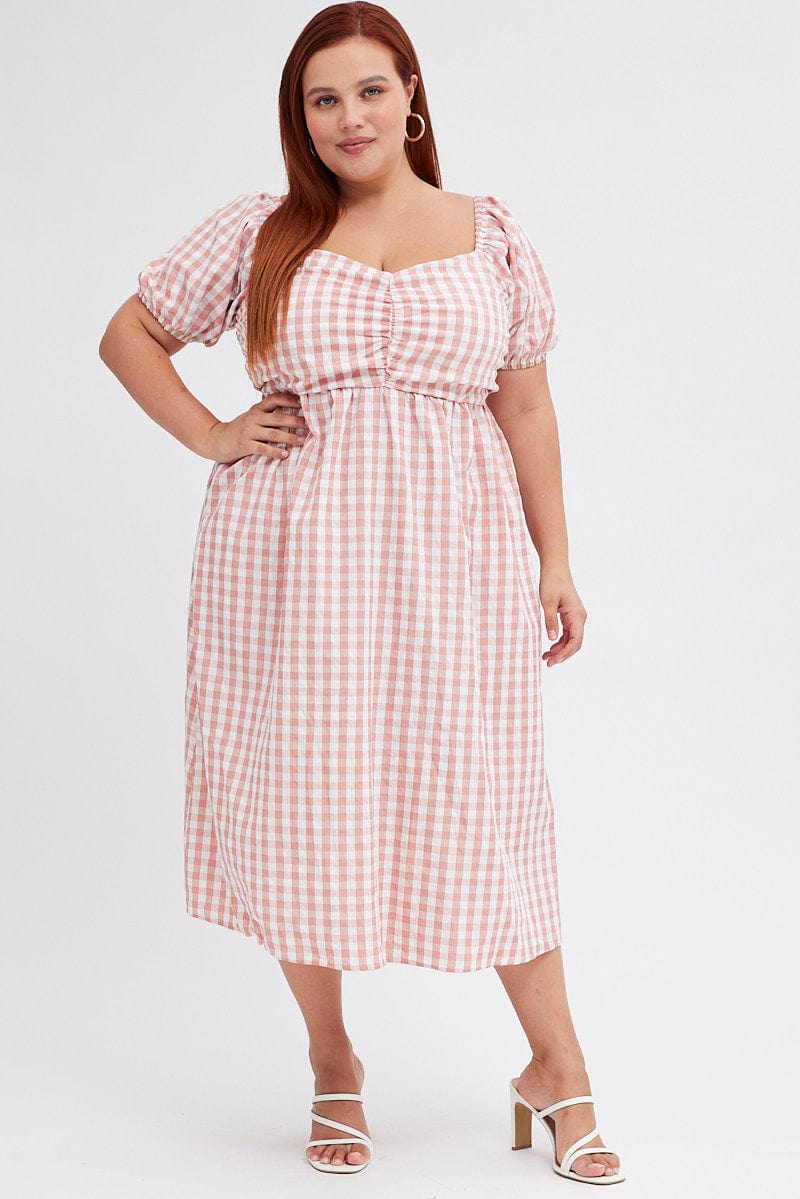 Pink Check Midi Dress Ruched Bodice Gingham Puff Sleeve for YouandAll Fashion