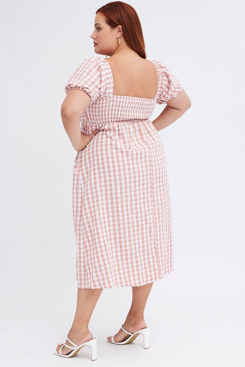 Pink Check Midi Dress Ruched Bodice Gingham Puff Sleeve for YouandAll Fashion