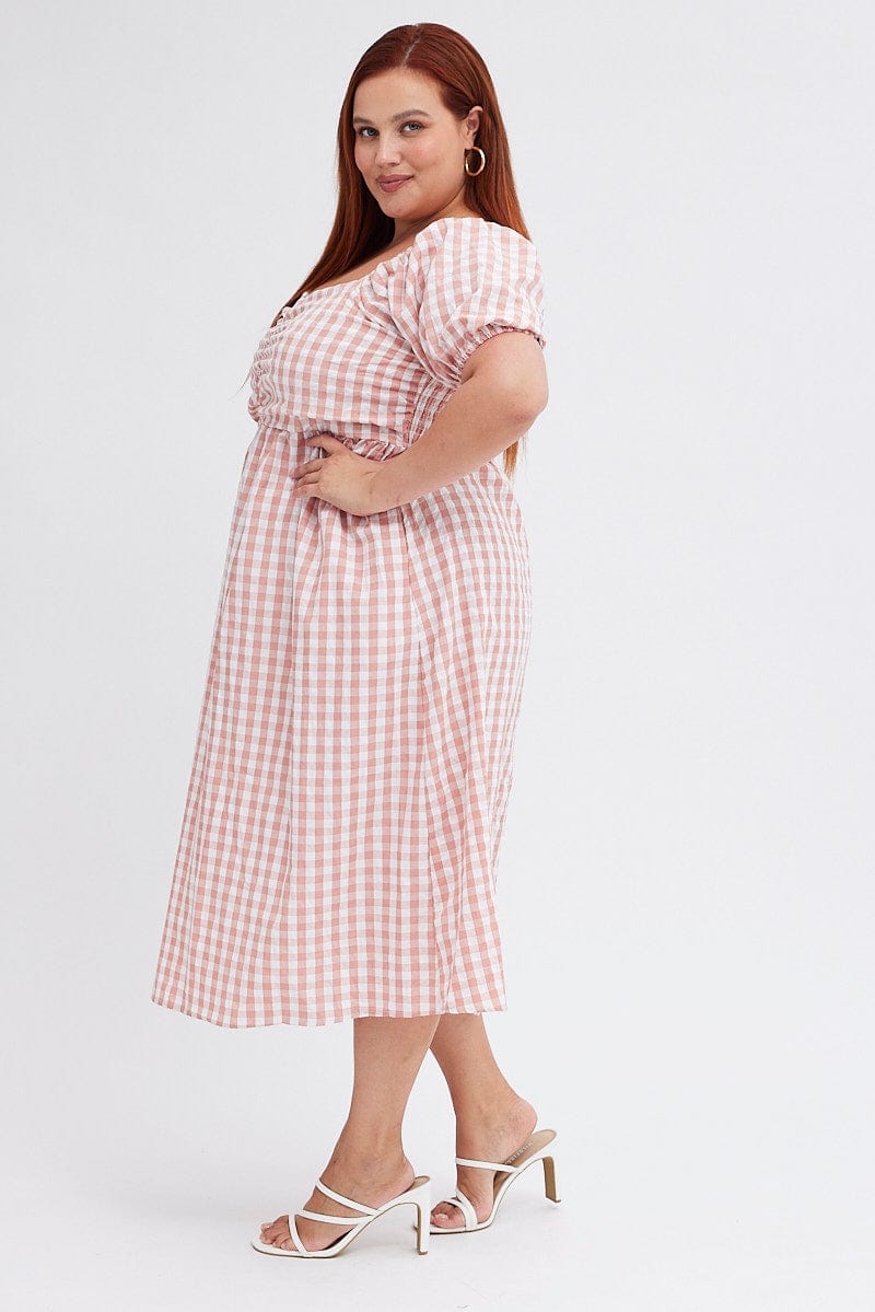 Pink Check Midi Dress Ruched Bodice Gingham Puff Sleeve for YouandAll Fashion