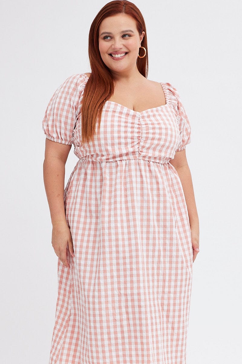 Pink Check Midi Dress Ruched Bodice Gingham Puff Sleeve for YouandAll Fashion