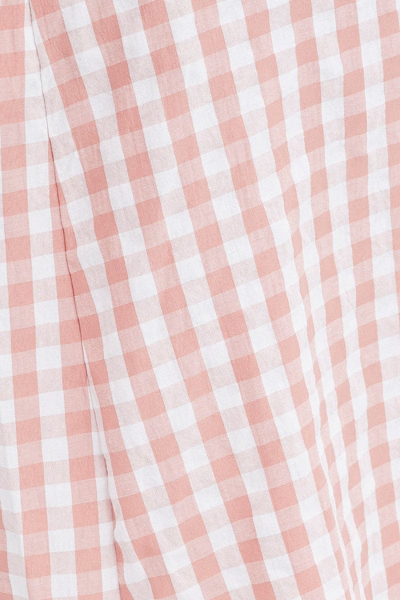 Pink Check Midi Dress Ruched Bodice Gingham Puff Sleeve for YouandAll Fashion