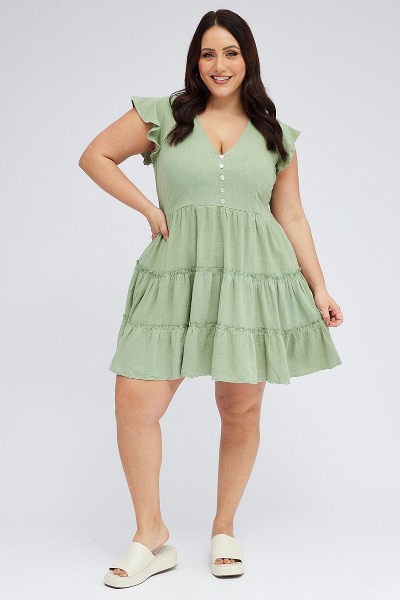 Green Fit and Flare Dress Short Sleeve Tiered for YouandAll Fashion