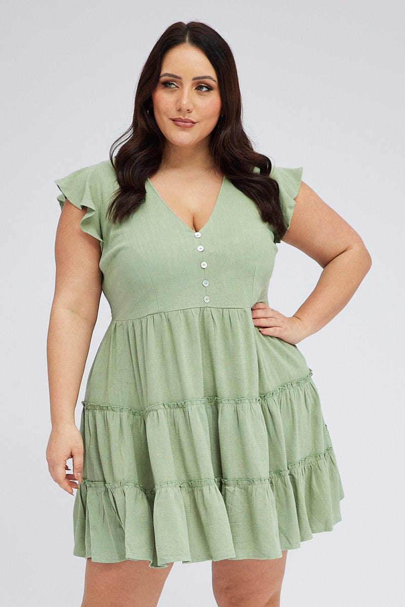 Green Fit and Flare Dress Short Sleeve Tiered for YouandAll Fashion