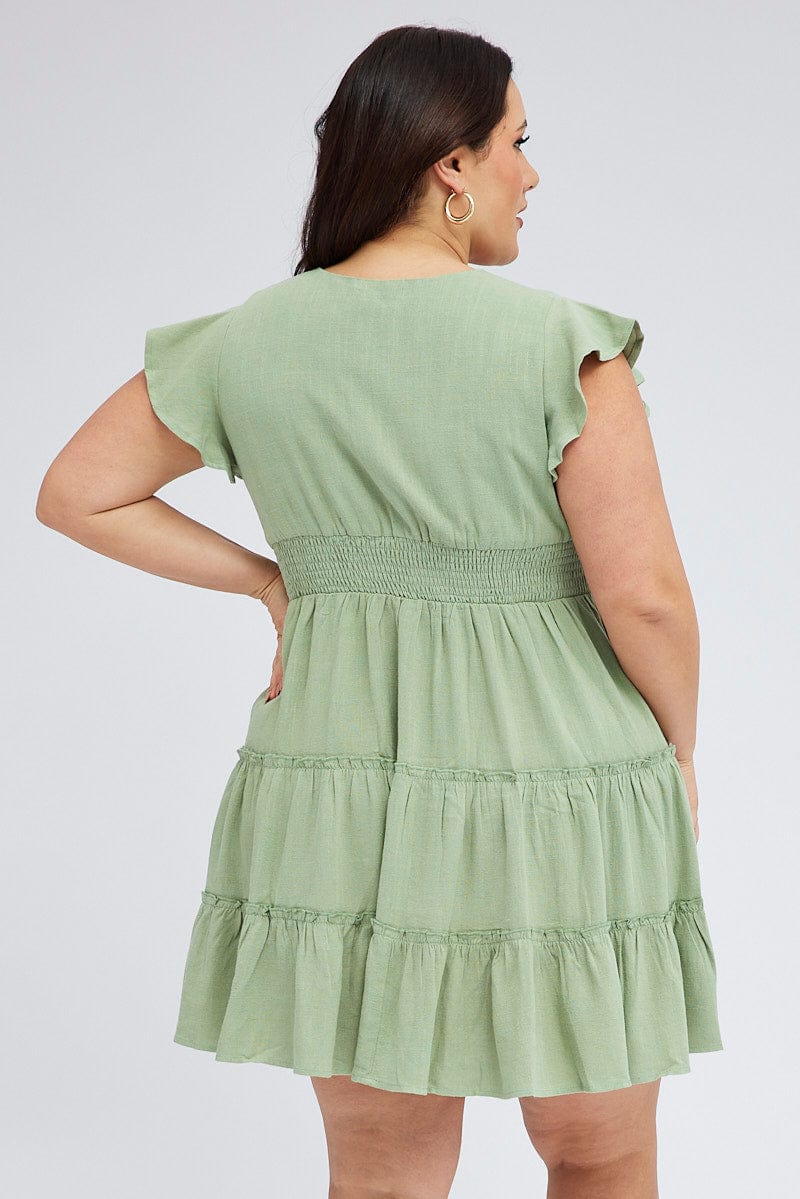 Green Fit and Flare Dress Short Sleeve Tiered for YouandAll Fashion