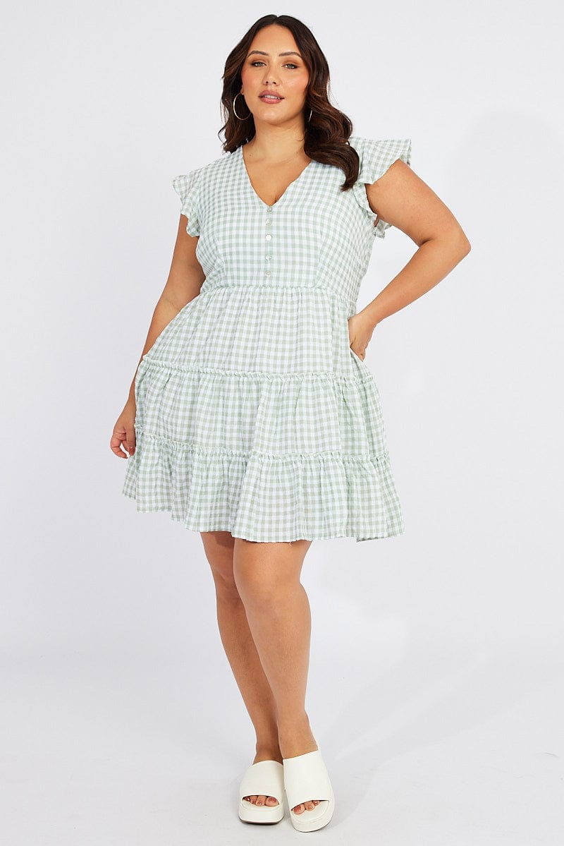 Green Check Fit and Flare Dress Short Sleeve for YouandAll Fashion