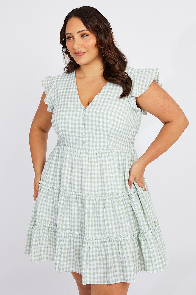 Green Check Fit and Flare Dress Short Sleeve for YouandAll Fashion