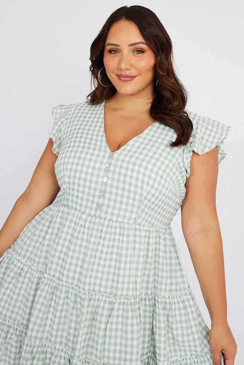 Green Check Fit and Flare Dress Short Sleeve for YouandAll Fashion