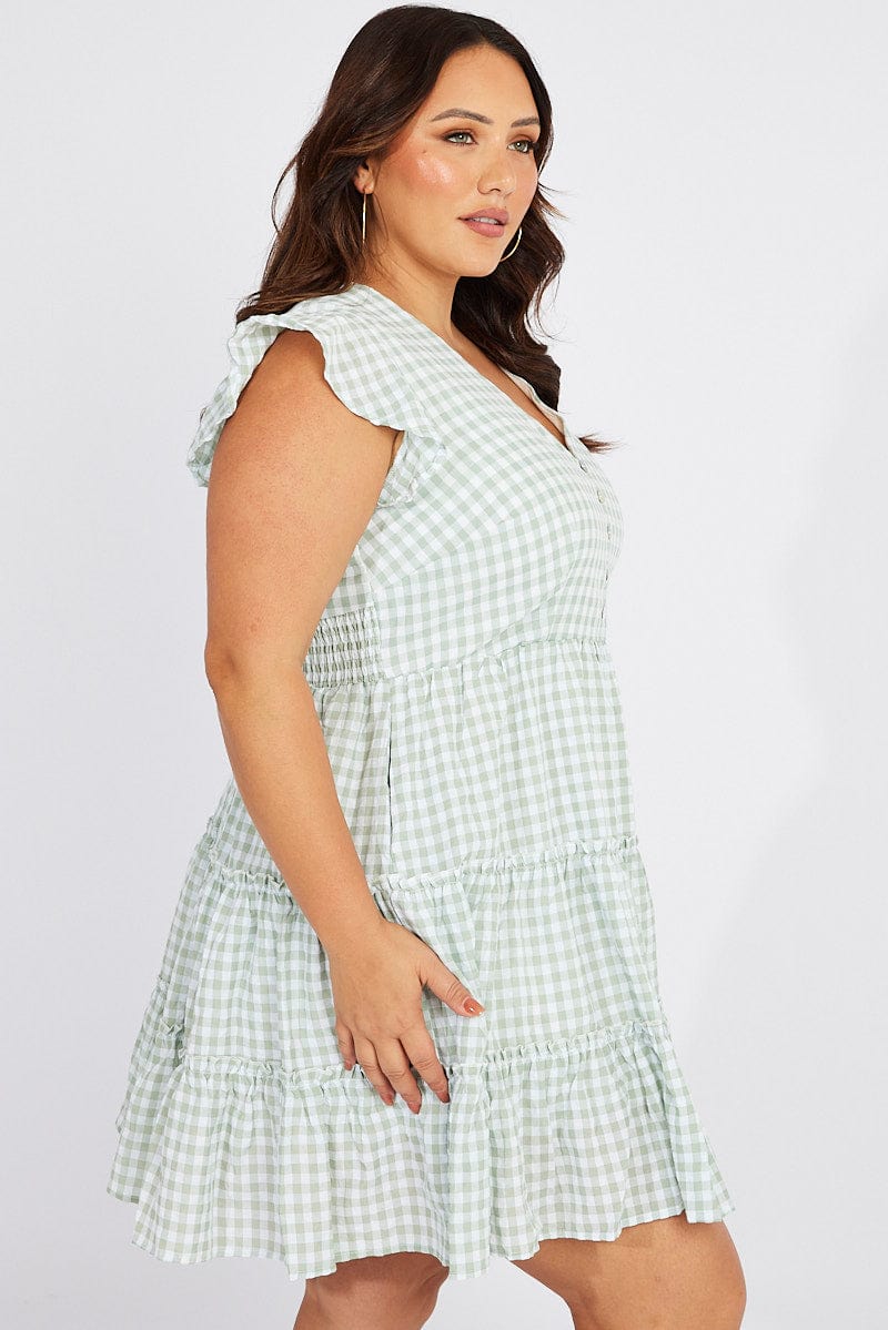 Green Check Fit and Flare Dress Short Sleeve for YouandAll Fashion