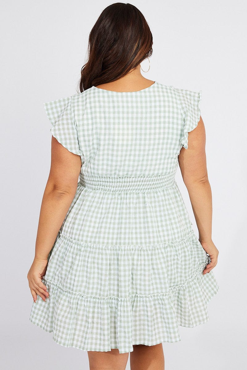 Green Check Fit and Flare Dress Short Sleeve for YouandAll Fashion