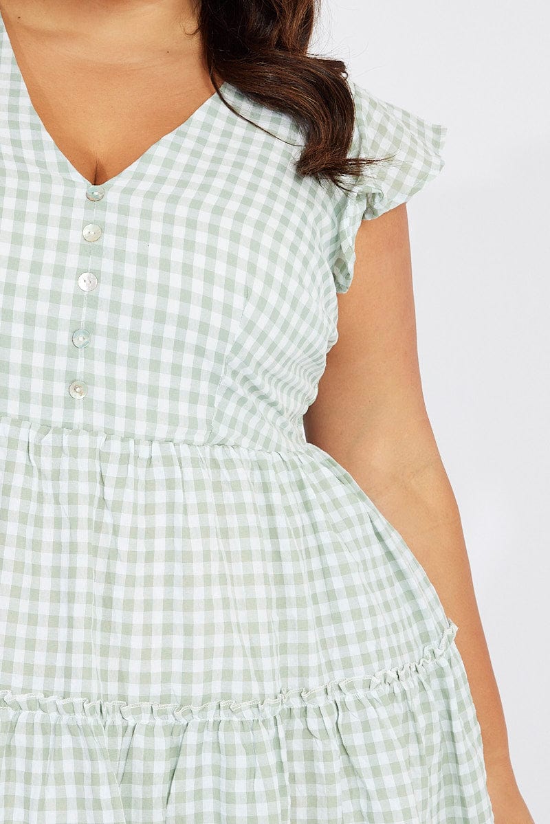 Green Check Fit and Flare Dress Short Sleeve for YouandAll Fashion