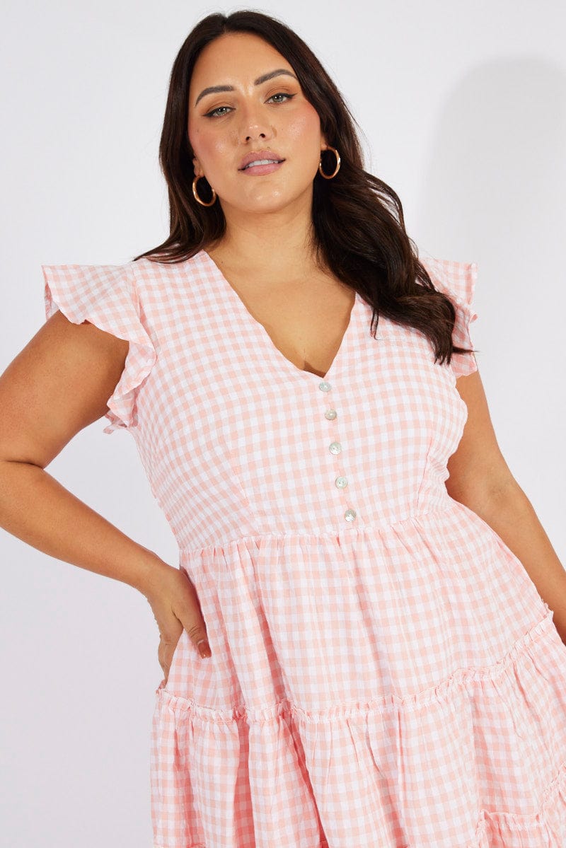Pink Check Fit and Flare Dress Short Sleeve for YouandAll Fashion
