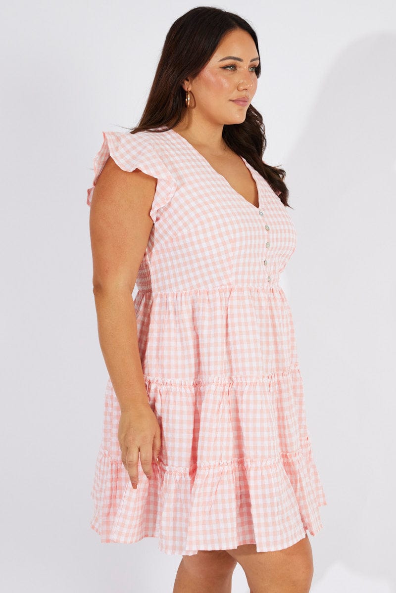 Pink Check Fit and Flare Dress Short Sleeve for YouandAll Fashion