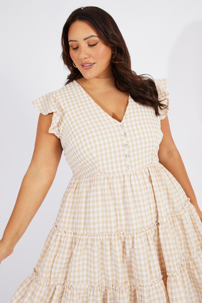 Beige Check Fit and Flare Dress Short Sleeve for YouandAll Fashion