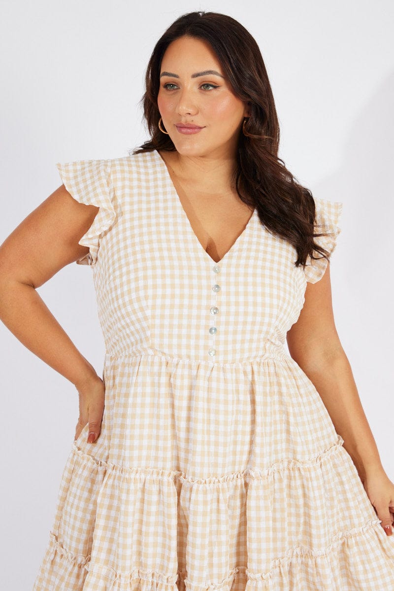 Beige Check Fit and Flare Dress Short Sleeve for YouandAll Fashion