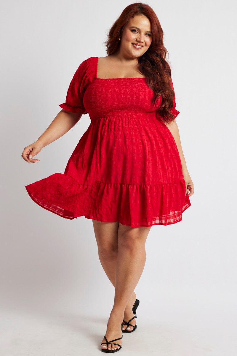 Red Minidress Self Check Puff Sleeve for YouandAll Fashion